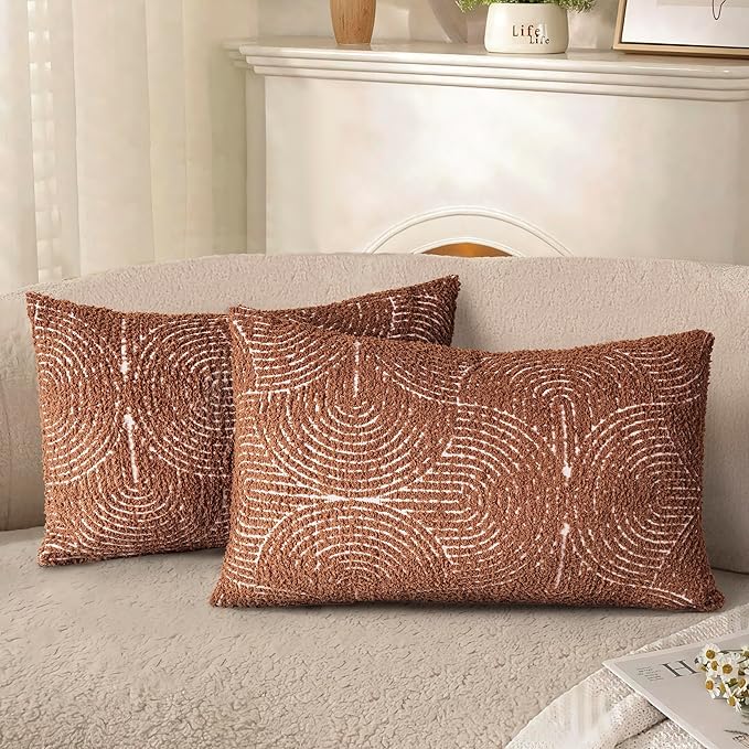 AELS Boho Decorative Textured Lumbar Pillow Covers 12x20, Modern Mid Century Rainbow Tufted Lumbar Pillow Case, Farmhouse Rustic Geometric Woven Cushion Case for Bed Couch Sofa, Burnt Orange