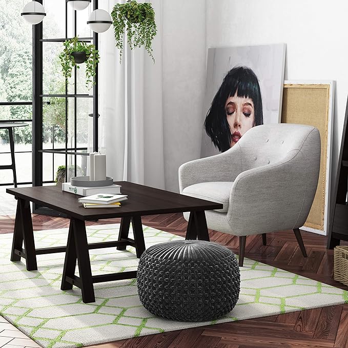 SIMPLIHOME Renee Round Pouf - 20 inch Wide Upholstered Velvet Ottoman in Slate Grey, Boho Footstool or Extra Seating for Living Room or Bedroom with Button-Tufted Pleated Design, Assembled
