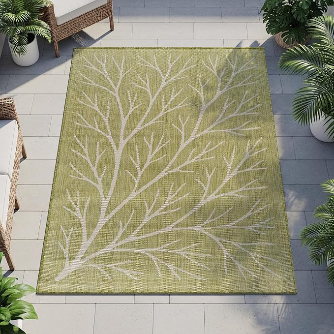 Washable Indoor Outdoor Rug 8x10 Modern Area Rugs Branch Pattern Non Shedding Waterproof Easy Clean Patio Deck Porch Living Room Bedroom Garden RV (8 X 10 Olive)