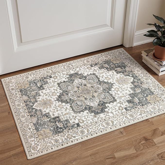 GENIMO Area Rug 2x3 Doormat, Machine Washable Low Pile Rugs, Small Retro Chenille Entryway Mat for Entrance, Hallway, Kitchen and Corridor, Heathered Grey