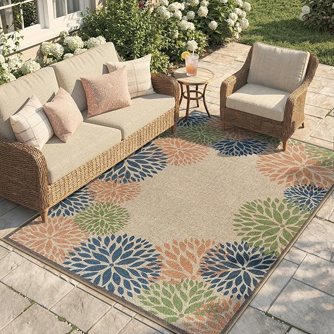 LIVEBOX Modern Easy Jute 5x7 Outdoor Rug, Washable Area Rugs for Living Room Patio Tropical Floral Indoor Outdoor Rug, Boho Farmhouse Non Slip Carpet for Backyard Foyer Dining Room(Olive, 5'x7')