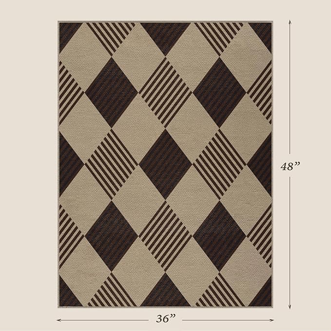 3x4 Easy Jute Diamond Entryway Rug - Plaid Rug for Patio Kitchen Bedroom Home Office, Woven Low Pile Washable Beige Black Geometric Front Door Décor