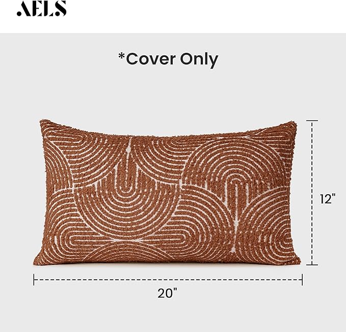 AELS Boho Decorative Textured Lumbar Pillow Covers 12x20, Modern Mid Century Rainbow Tufted Lumbar Pillow Case, Farmhouse Rustic Geometric Woven Cushion Case for Bed Couch Sofa, Burnt Orange