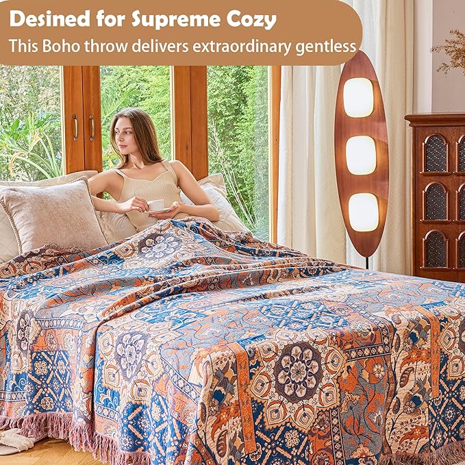 Boho Throw Blanket for Bed Couch 60" x 80", 100% Organic Cotton Skin-Friendly Ultra Soft Quilt Throw - Floral Rustic Living Room Decor Luxury Reversible Blanket for Sofa Chair and Gift