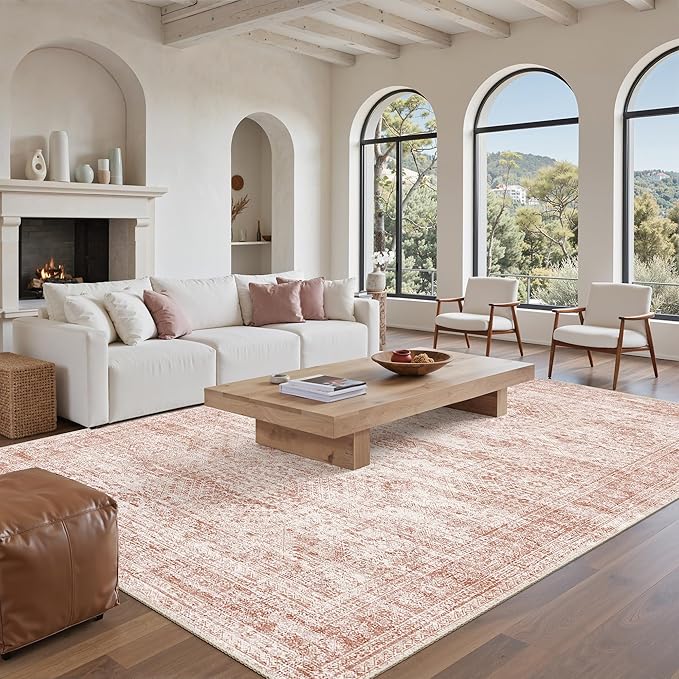9x12 Area Rugs for Living Room, Non Slip Machine Washable Vintage Rugs, Low Pile Lightweight Large Rug for Bedroom, Dining Room, Home Office Pink