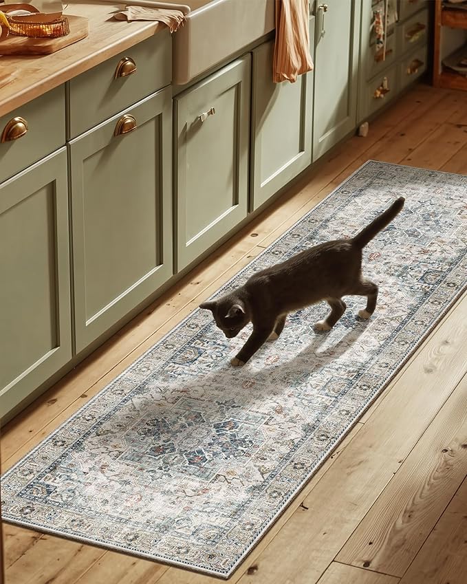 Machine Washable Kitchen Runner Rugs: 2'6"x8' Hallway Runner Rug Non Slip Low Pile Stain Resistant Soft Carpet Runners for Hallways Indoor Entryway Kitchen Laundry Room Beside Farmhouse