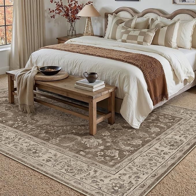6x9 Area Rug Brown Washable Living Room Vintage Carpet Bedroom Distressed Large Non Slip Low Pile Thin Dining Room Office Medallion Accent Throw Rug