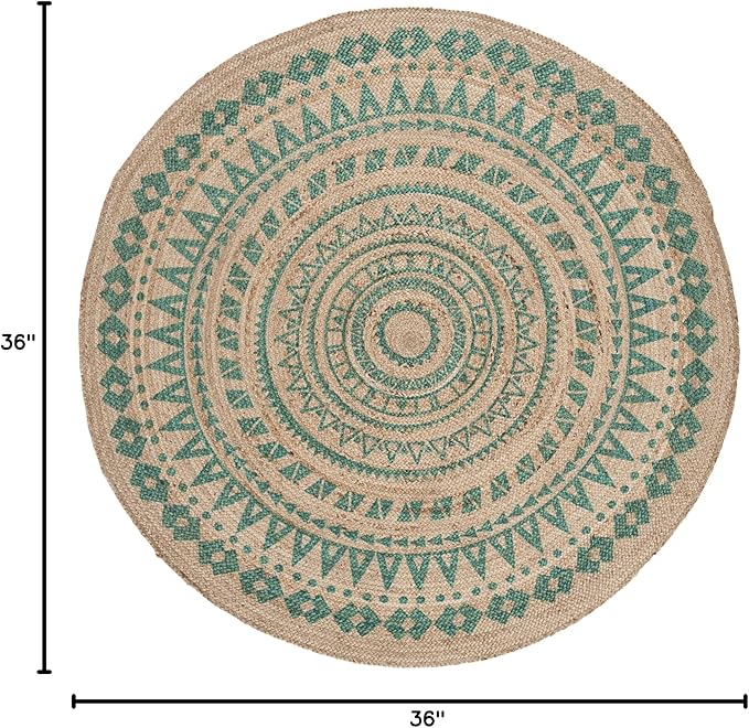SAFAVIEH Natural Fiber Collection Area Rug - 3' Round, Teal & Natural, Handmade Boho Mandala Braided Jute, Ideal for High Traffic Areas in Living Room, Bedroom (NF802E)