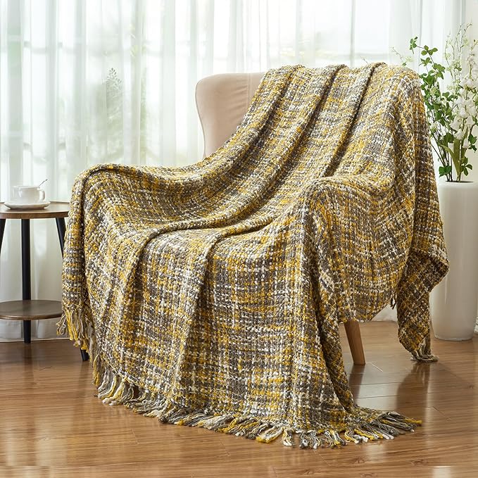 Multi-Color Gold Cable Woven Throw Blanket for Couch,50"X60" Boho Style Textured Blankets for Home Decor,Super Soft Warm Cozy Chunky Blanket with Decorative Tassels for Bed and Sofa