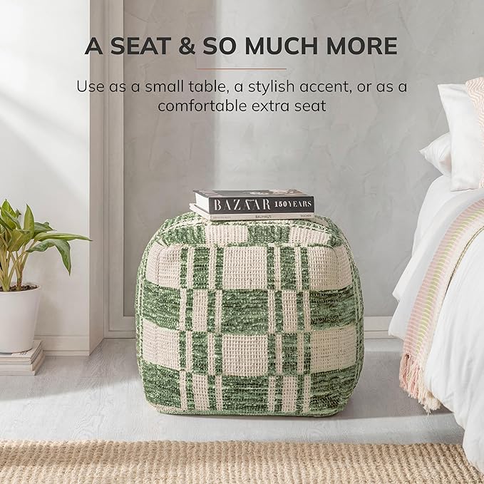 Anji Mountain Pouf Ottoman Foot Rest, Handmade Ottoman Pouf, Comfortable Foot Stool, Decorative Floor Seating for Living Room Decor, Bedroom & Home Décor Accent - Green