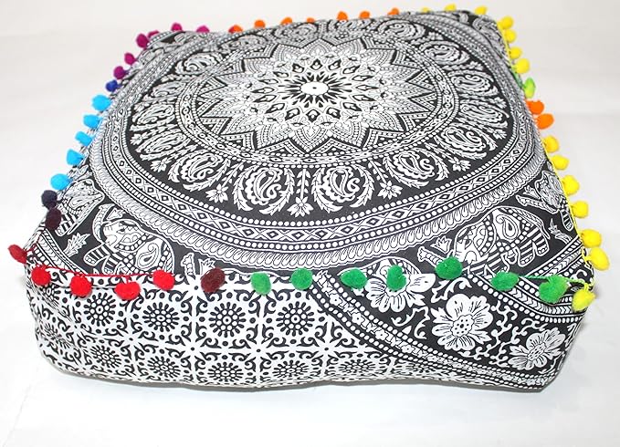 CRAFT KALA Black Elephant Flower Large Hippie Mandala Meditation Floor Ottoman Pillow Cushion Pouf Cover Square Poufs Bohemian Floor Cushion Case Outdoor Fireplace Living Room Decor Cover 16" Square