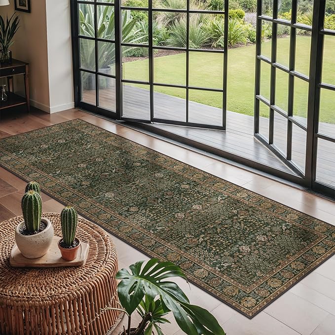 Bavni 2'6''x6 Rug Runners for Hallways, Washable Runner Rug Non Slip, Vintage Floral Print Style Rugs for Bedroom-Lightweight Low Pile Carpet for Hallways Bathroom, Dark Green/Multi