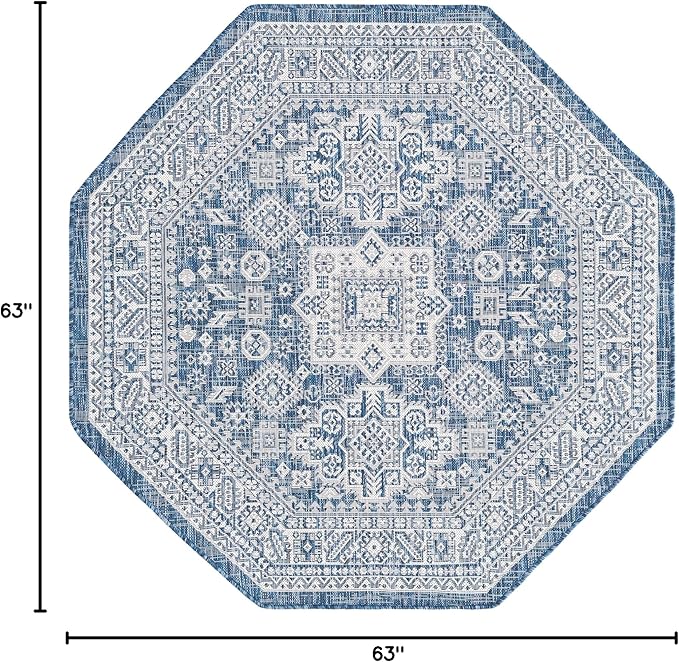 Rugs.com Outdoor Aztec Collection Rug – 5 Ft Octagon Blue Flatweave Rug Perfect for Living Rooms, Kitchens, Entryways