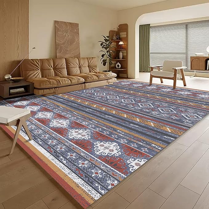 RUGSURE Washable Area Rugs 3' x 5 ' - 1/6 Thick - Moroccan-Inspired -Stain & Water Resistant Non-Slip - Resistant Rug for Living Room, Bedroom, Nursery, Pet & Child Friendly (Blue and Red)