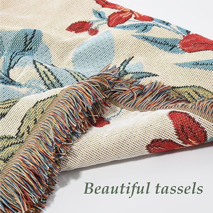 Snycler Flowers and Plants Throw Blanket for Bed 50 * 60inch Woven Blanket Cotton Polyester Farmhouse Decor for Indoor Outdoor Sofa Bedroom Garden，All Season （Spring）