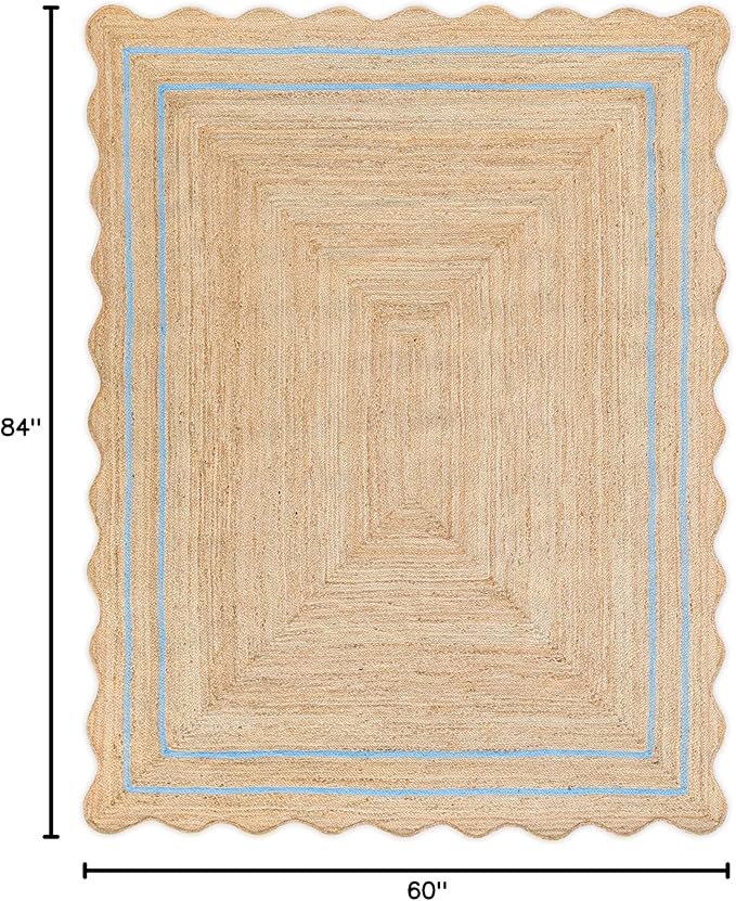 Wave Scalloped Natural Jute Rug - Boho Entryway Runner, Farmhouse Scallop Design, Sky Blue (5'x7')