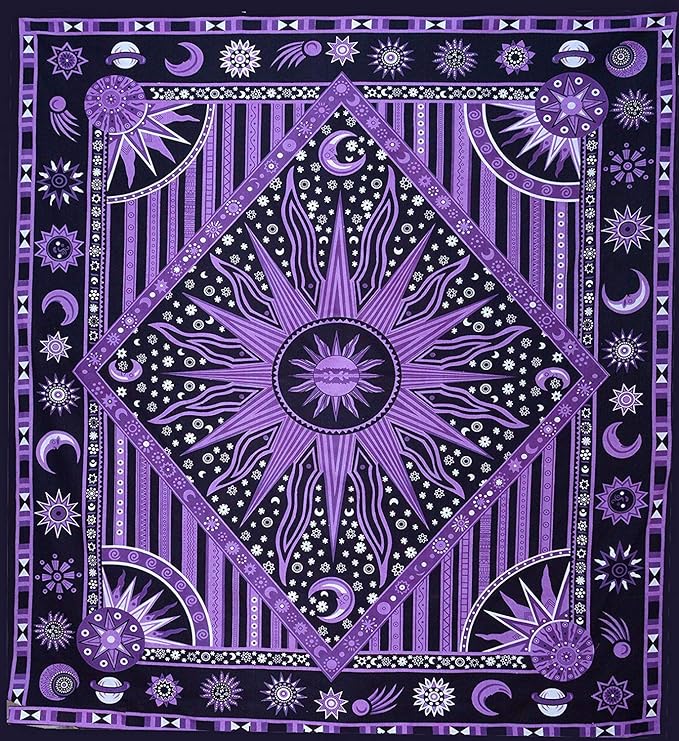 Popular Handicrafts Wall Hanging Tapestry For Bedroom Hippie Burning Sun and Moon Meditation Bohemian Hippy Psychedelic Design Indian Tapestries Bedspread 90 x 108 inches (230cm x 270cm) Green