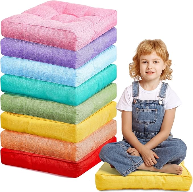 Juexica 8 Pcs Floor Cushions for Kids Floor Pillows Flexible Seating Cushions 3.5'' Thick Flexible Seating Classroom Furniture Meditation Seat Pillows for Home Nursery Yoga Decor(Rainbow Color,Square)