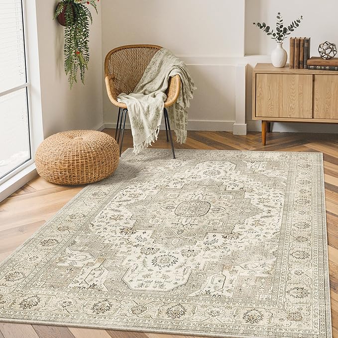 3x5 Area Rug - Washable Kitchen Rugs Non Slip,Soft Low Pile Small Rug for Entryway, Stain Resistant Vintage Area Rugs for Home Decor(Ivory/Beige, 3'x5')