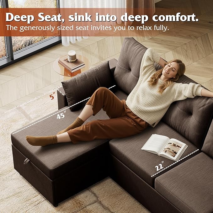 WLIVE 110'' Sectional Couches for Living Room, Pull Out Couch, U Shape 7 Seat Sleeper Sofa with Storage Chaise and Pillows, Removable Sofa Cover, Cups Holders, USB Charging Station, Brown