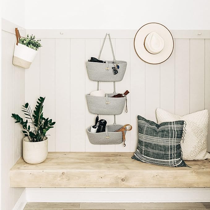 OrganiHaus Grey Wall Hanging Storage Basket | Behind Door Storage | Wall Storage Baskets Over Door | 3 Tier Hanging Basket | Woven Baskets Bathroom Organizer | Wall Hanging Baskets for Organizing
