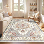 Washable Rug 7x9 Area Rugs: Boho Vintage Distressed Oriental Medallion Neutral Thin Large Rug Carpet for Living Room Bedroom Dining Room Home Office Decor - Orange Gray