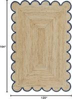 Scalloped Natural Jute Area Rug, Navy Trim, 10'x14'