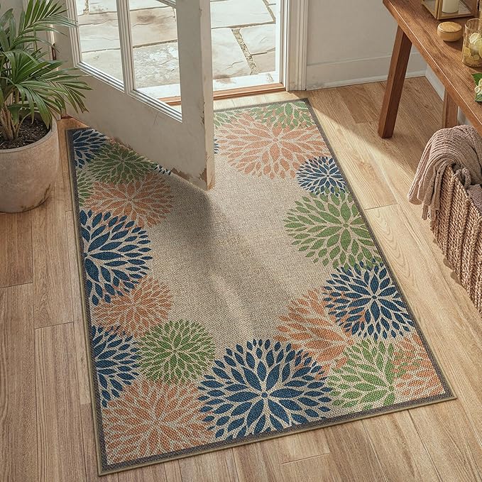LIVEBOX Easy Jute 28''x43'' Front Porch Rug, Outdoor Non Slip Washable Kitchen Rug Modern Floral Bohemian Area Rugs Floor Hello Welcome Door Mat Carpet for Entryway Doorway(Olive 28''x43'')