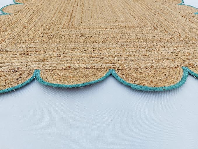 Scalloped Natural Jute Area Rug, Teal Trim, 2'x12'