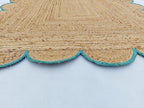 Scalloped Natural Jute Area Rug, Teal Trim, 2'x12'