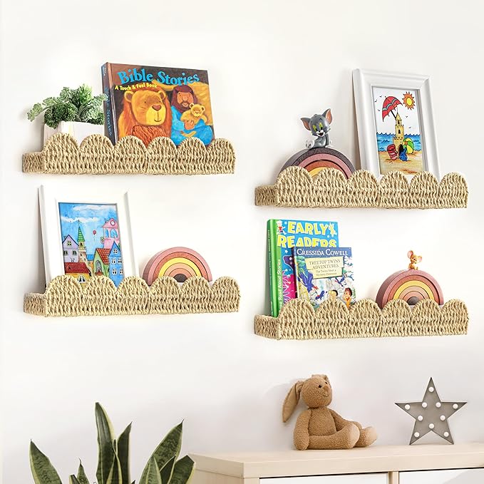 AELS Scalloped Nursery Bookshelf, Set of 4, Picture Ledge Shelf for Wall Decor, Woven Straw Paper Floating Shelves for Books, Toys, Photo Frames, Nursery, Boho Modern Farmhouse Book Shelf, Beige