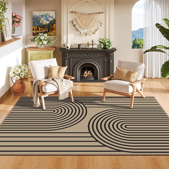 Outdoor Rug 4x6, Easy Jute Rug Non-Slip Indoor Outdoor Carpet, Washable Floor Mat Modern Black Striped Area Rug for Living Room, Bedroom, Patio, Dining Room, Office Area, Black