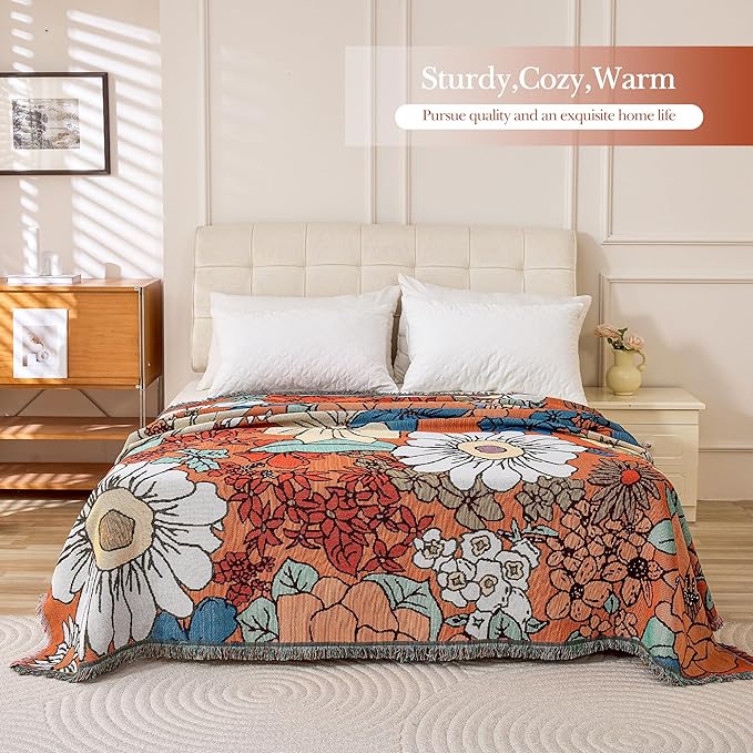 Boho Throw Blanket for Couch Cover, 100% Handwoven Cotton Southwestern Farmhouse Floral Decor Reversible Blanket, All Season Throw for Sofa Bed Tapestry Outdoor Camping Picnic. 91″×98″