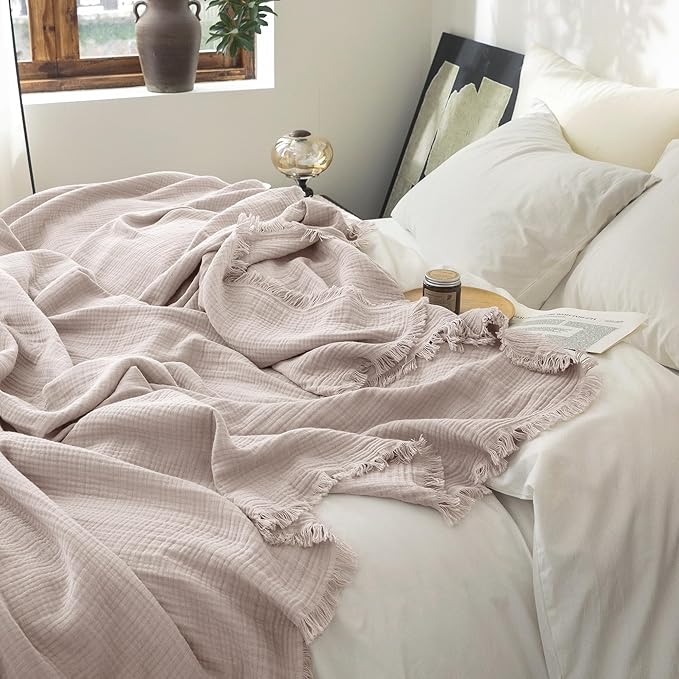 FOSSA Muslin Blanket with Fringe - 4-Layer 100% Cotton Gauze Super Soft & Breathable Throw -Lightweight Decorative Cooling Blanket for Bed, Sofa, Office (Greyish Pink, Super King (108" × 98"))