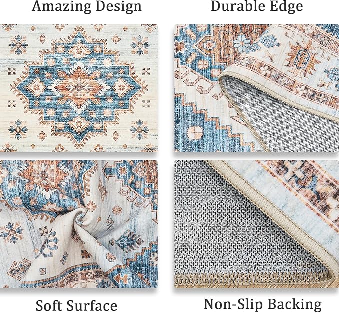 Area Rugs 5x7, Low Pile Non-Slip Backing Rugs, Super-Soft Home Decor Washable Rugs 5x7 Under Table, Foldable Floral Vintage Area Rug for Living Room (Blue/Beige, 5'x7')