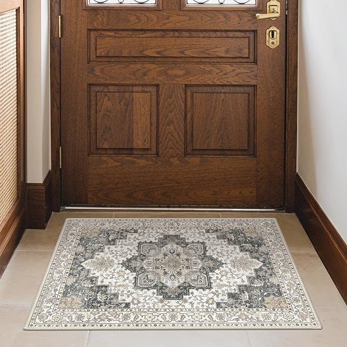 GENIMO Area Rug 2x3 Doormat, Machine Washable Low Pile Rugs, Small Retro Chenille Entryway Mat for Entrance, Hallway, Kitchen and Corridor, Heathered Grey