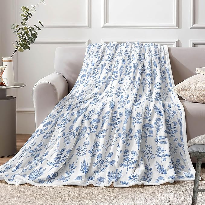 Floral Fuzzy Blanket Blue Floral Throw Blanket, Botanical Flowers Blankets, Soft, Flannel, Warm, Boho Flowers Bed Blankets All Season for Couch Bedroom Living Room 50X70 Inch