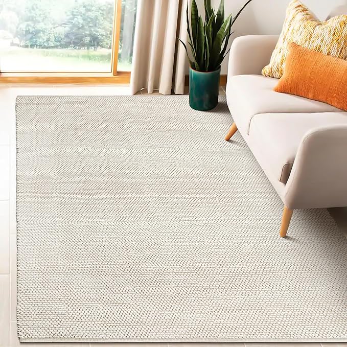 Handwoven Wool Cotton Blend Area Rug 6x9', Textured Popcorn Braided Ivory Rug, Soft Thick Farmhouse Contemporary Living Room Carpet, Neutral Modern Decorative Floor Rug