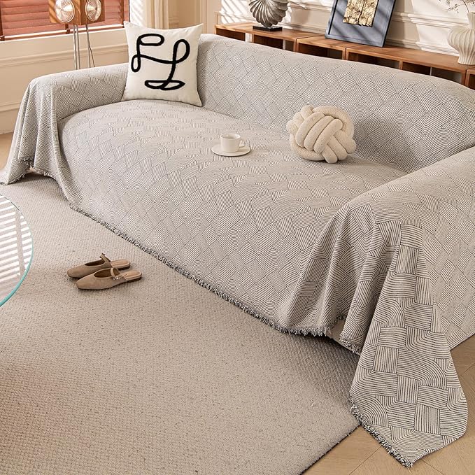 ROOMLIFE Beige Waterproof Couch Cover Sofa Covers, Chenille Couches Covers for 3 Cushion Sofas, Non Slip Soft Breathable Sofa Slipcovers for Pet, Washable Furniture Protector with Tassel,71''X134”