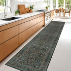 Washable Dark Green 2x10 Runner Rug for Hallway, Kitchen, 10 ft Non Slip Stain Resistant Extra Long Soft Rugs, Vintage Floral Unique Botanical Floor Mat