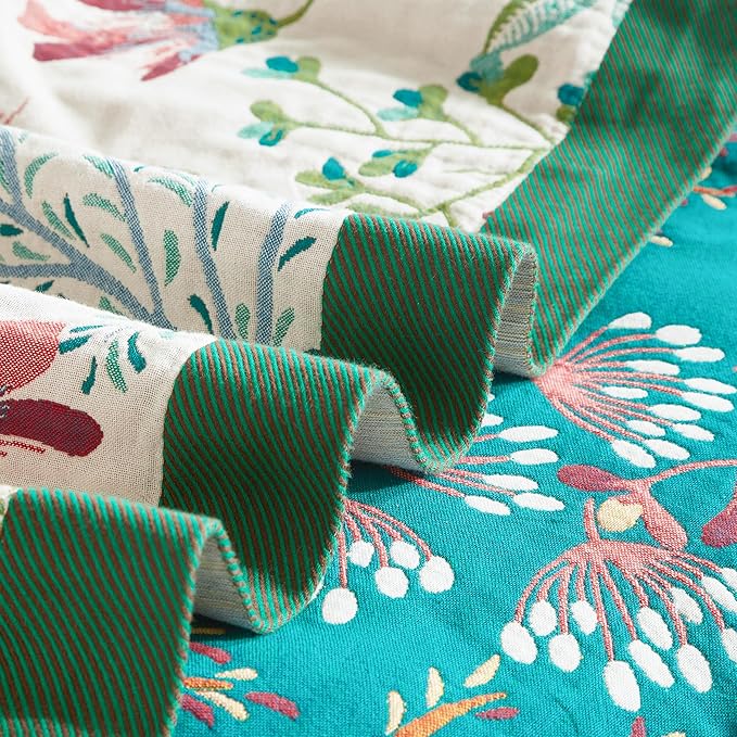 Boho Throw Blanket for Bed 50”x60”, 100% Cotton Woven Blanket for Couch Sofa, Ultra Soft 4-Layer Muslin Quilt with Floral Printed, Farmhouse Bed Blanket/Cover for Living Room Decor