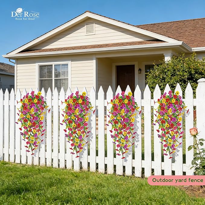 Der Rose UV Resistant Artificial Hanging Flowers for Outdoors, 4Pcs Silk Fake Dasiy Faux Hanging Flowers for Outdoor Planter Porch Balcony Yard Decor