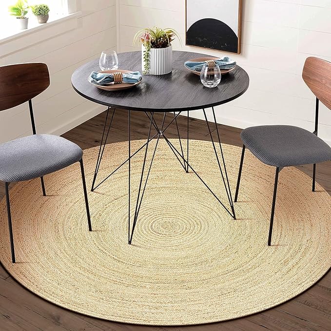Jute Braided Area Rug, 5 feet Round, Stain Resistance Natural Handmade Circle Boho Area Rug for Entryways, Living Room, Bedroom, Farmhouse Vintage Decor, Reversible Jute Rug