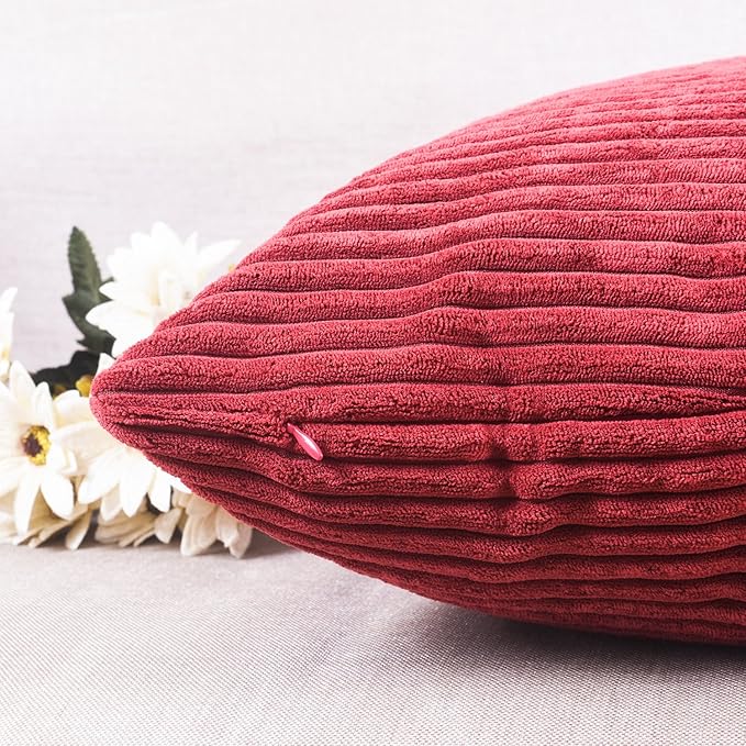 Home Brilliant Pillow Covers 18x18 Decorative Throw Pillows for Couch Dark Red Soft Plush Corduroy Striped Throw Pillow Covers Set of 2 for Sofa Couch Bed, 18 x 18 Inch, Burgundy