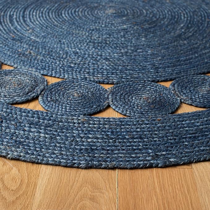 SAFAVIEH Area Rug 8' Round - Natural Fiber Collection - Large - Navy, Handmade Jute, Boho Farmhouse Braided Design (NF364N)