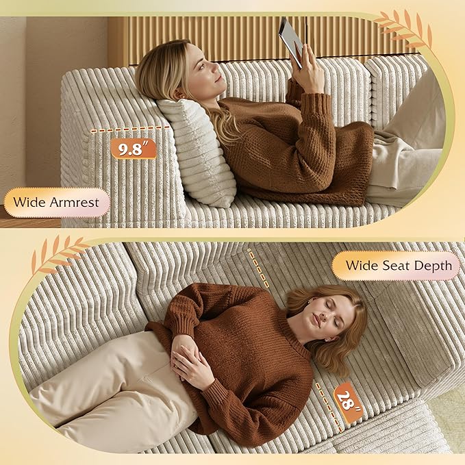 WLIVE 108'' Cloud Sectional Couches for Living Room, Modular Boneless Couch with Left Facing Chaise, L Shape Memory Foam Corduroy, with Ottoman, Beige