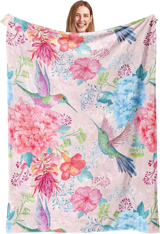 Hummingbird Floral Throw Blanket, Bird Colorful Flowers Blanket Gifts for Women Girls Mom Kids Birthday Mother's Day, Cozy Soft Warm Plush Decor Blankets for Bed Sofa Chair Couch (50"x40")