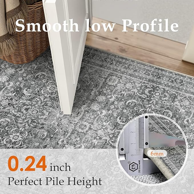 HUGEAR 2x6 Runner Rug Hallway Vintage Grey Machine Washable Retro Floral Low Pile Carpet Vacuumable Distressed Long Throw Rug Bedroom Office Bathroom Kitchen Laundry Non Slip Soft Lightweight