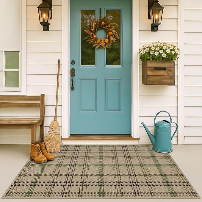 Easy Jute 3x5 Outdoor Rug for Front Porch Layering - Washable Door Mat for Large Entryway, Non Slip Farmhouse Woven Rug for Kitchen Floor, Mudroom - Buffalo Plaid Sage Green Decor