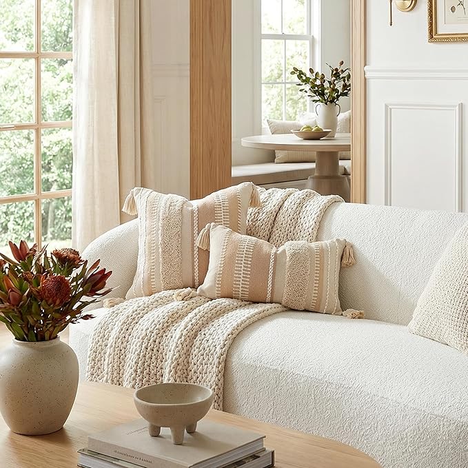 BlissBlush Decorative Throw Pillow Cover 20x20, Neutral Cream Boho Accent Pillowcase with Tufted Texture and Tassels, Beige Square Cushion for Sofa Couch Living Room (Cover Only)
